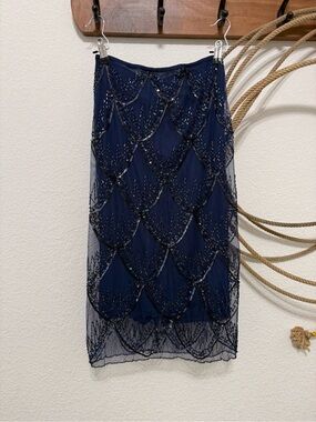 Vintage French Connection Navy Beaded Mesh Scallop Midi Skirt 4